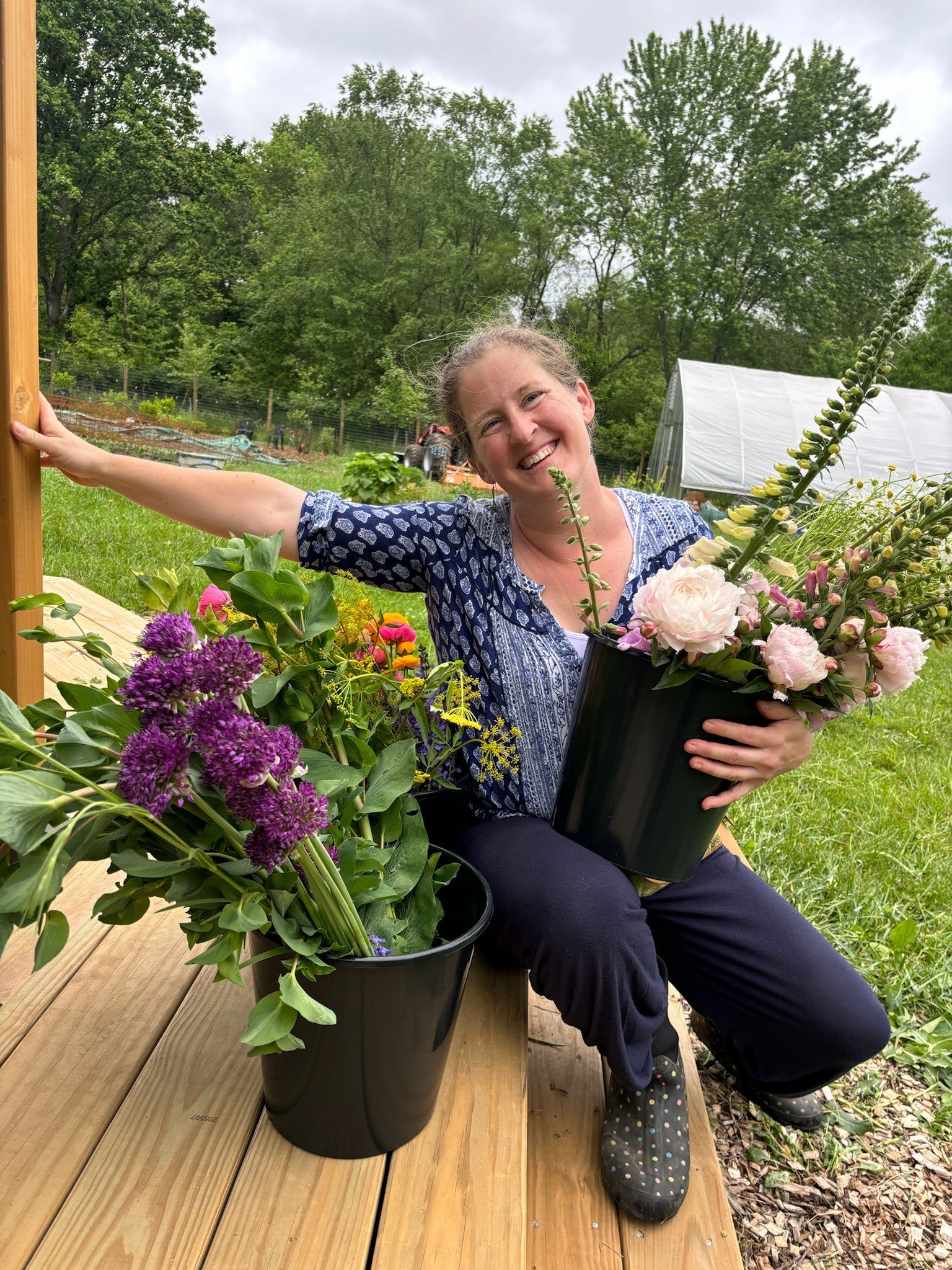 Joanna working among the flowers at Nuthatch Gardens